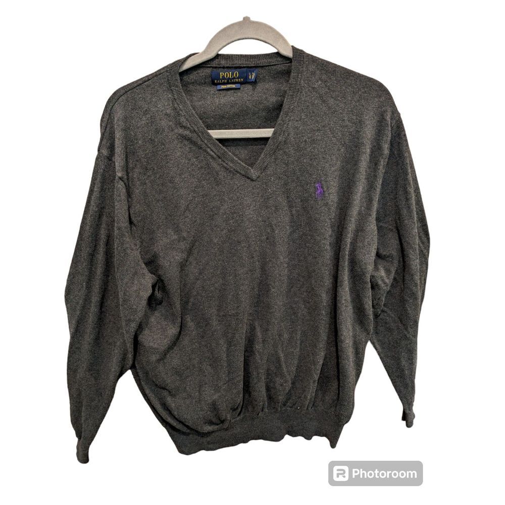 Polo Ralph Lauren Sweater Pima Cotton V-Neck Men's Large Solid Gray‎ Pony Logo